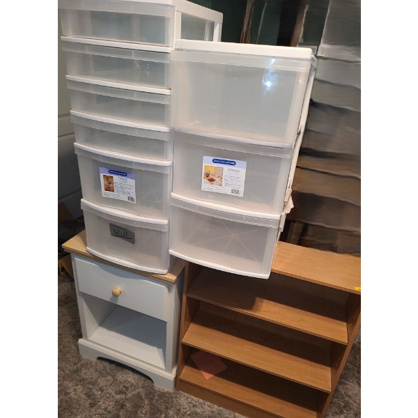 Nightstand 19 W, 17 D, 25 T, 3 Shelf Bookshelf 24 W, 8 D, 30 T, Storage Drawers 