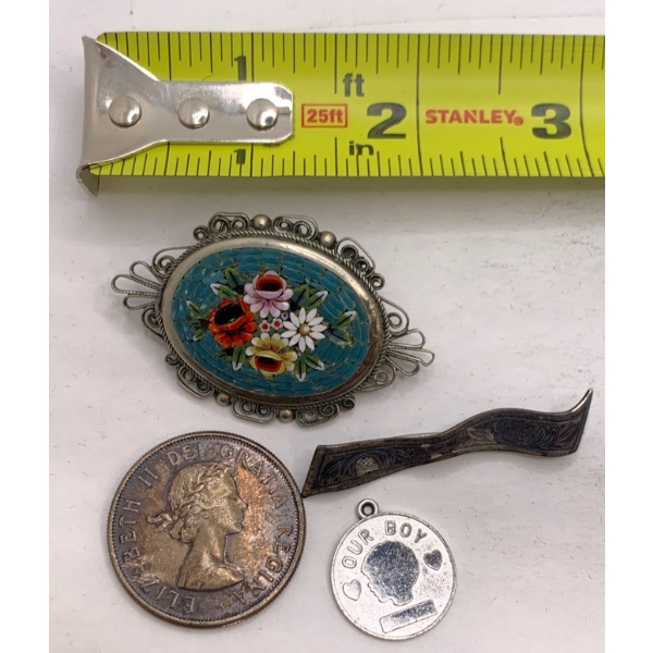 1960 Canadian 50 Cent Coin 80% Ag, 11.6g, Sterling Pendant, Silver Colored Brooch, & 900 Stamped Pin