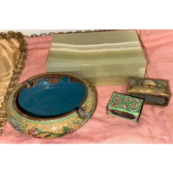 Smoker's Essentials - Cloisonne Ashtray Match Box Cases w/ Onyx Humidor 