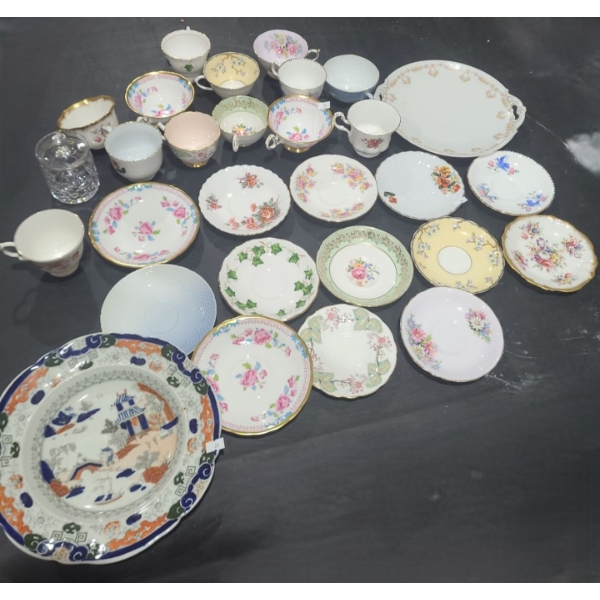 Assorted China Incl: Asian Inspired Plate 10" Diameter,  Miscellaneous Teacups and Saucers 
