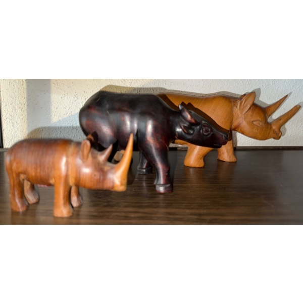 Hand Carved Wooden Rhinoceros Figurines 7L - Slight Damage See Photo