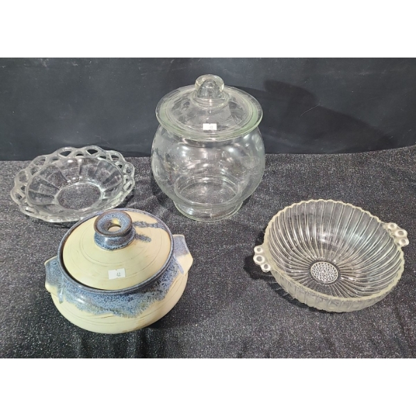 Vintage Glass- Cookie Jar 10 T, Dishes and Ceramic Lidded Bowl 