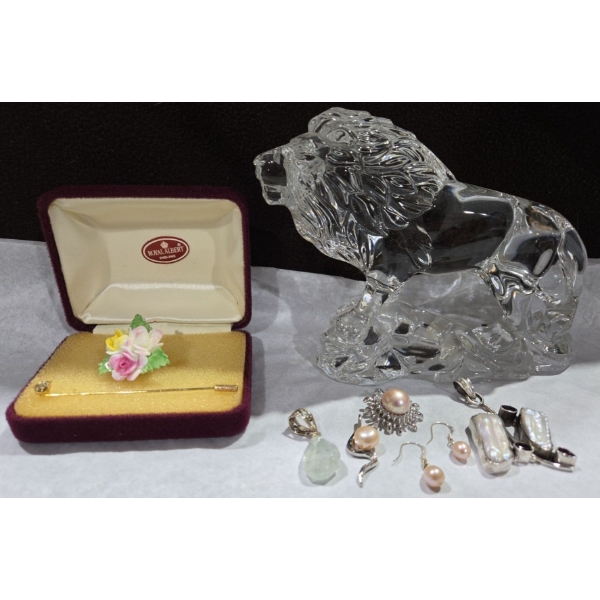 Royal Albert Porcelain Flower Brooch In Original Case + Gemstone Jewelry & Crystal Lion 4" Tall