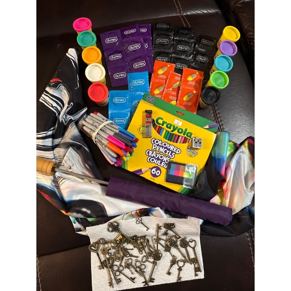 Junk Drawer Jam - Antique Skeleton Key Collection w/ Condoms & Assorted Craft Supplies 