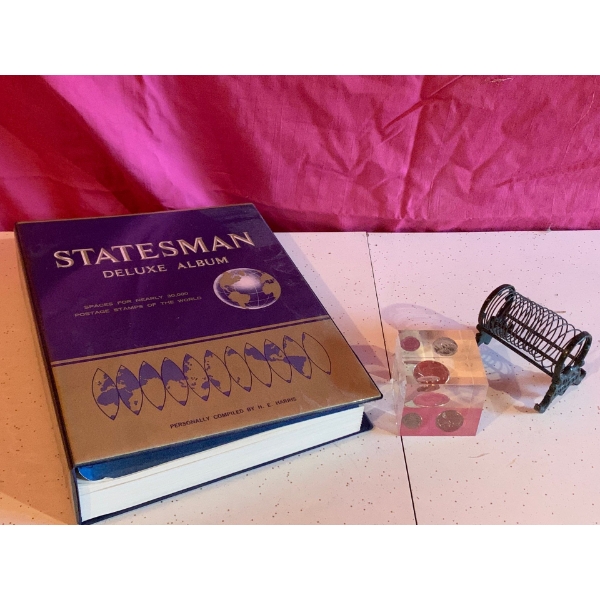 Deluxe Album of Stamps from Across the Country, A Money Paper Weight and Vintage Cast Iron Desk Orga