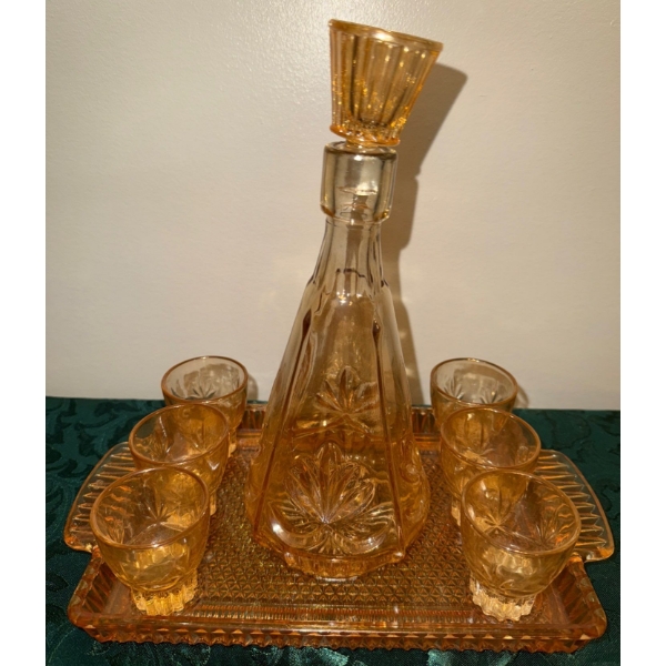 Crystal-Style Carnival Glass Decanter Set- Six Shot Glasses, Decanter w/lid & Tray