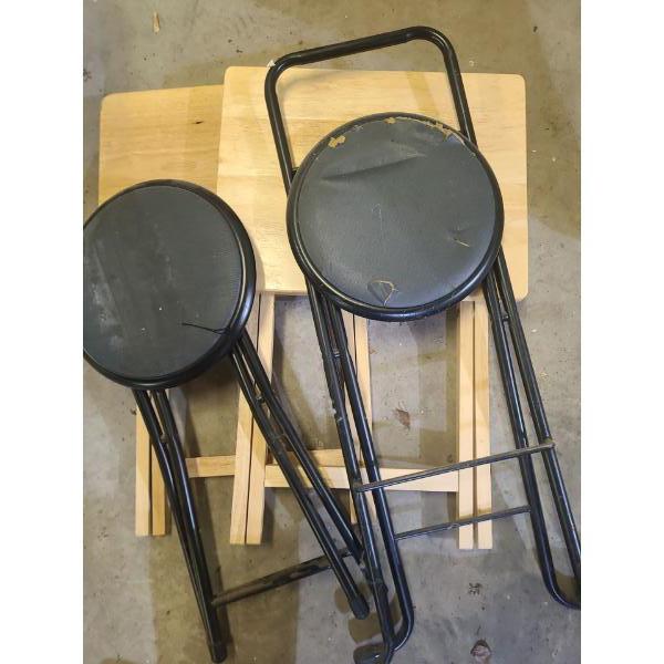 Two Metal Stools w/ Vinyl Seats, Wooden TV Trays (4 Plus Stand Included) 