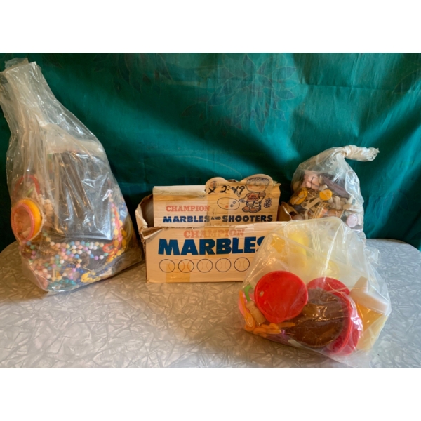 Mystery Vintage Lot, includes box vintage marbles, bag of costume jewelry, bag of vintage sewing sup