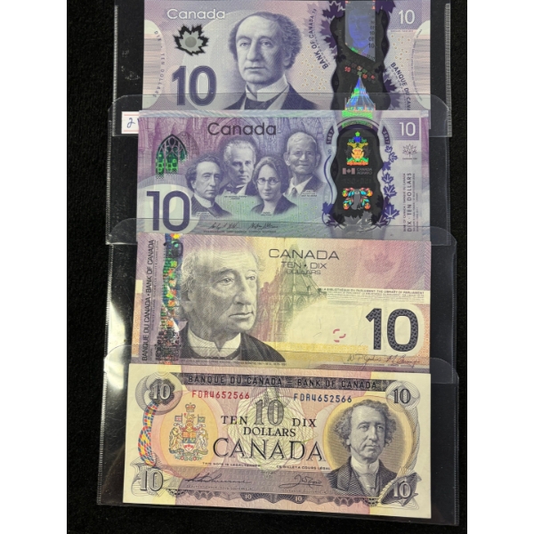 Canadian $10 bank notes from various years all in nice condition 4 in total