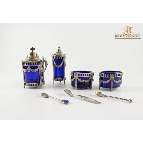 Vintage 4 Piece Condiment Set In Silver Plate And Cobalt Blue Glass