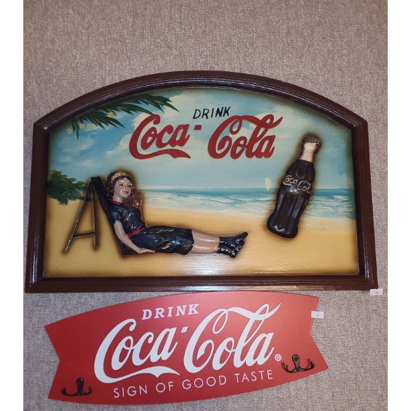Coca-Cola Collectibles: Painted Wood Sign 24 X 16 and Sign w/ Hooks 18.5 X 7 
