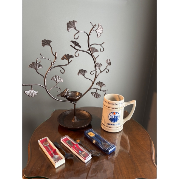 Metal Tabletop Tree Sculpture, Ceramics Mug, and Four Collectible Pens