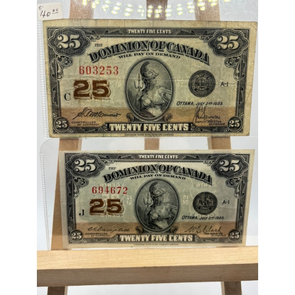  1923 Dominion of Canada $.25 shinplaster X 2 in nice condition 