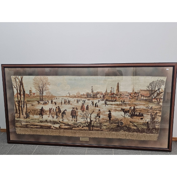Woven Wall Art of 17th-Century Winter Scene in Ornate Frame