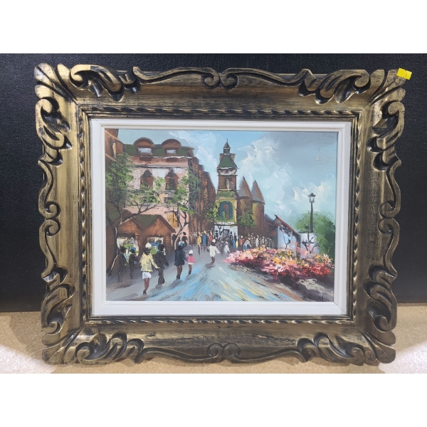 Colorful Painting of Street Scene in Ornate Frame 23 X 19, Signature Illegible 
