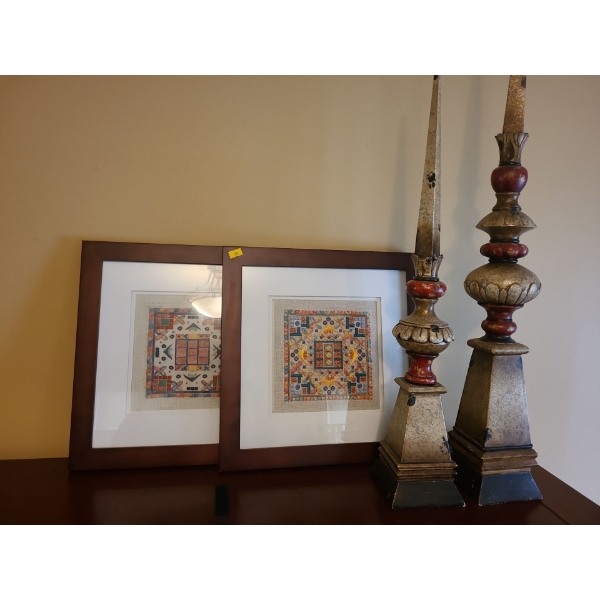 Set of 2 Framed Embroidered Squares (12"W, 12"T) and 2 Decorative Topiaries