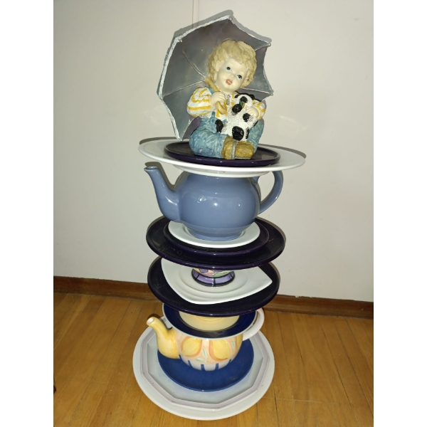 Vintage Romaimia Tea Pot Statue W/ Boy & Umbrella  27" tall