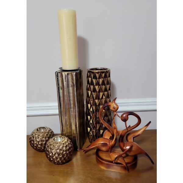 Stunning Hand Wittled Teak Cranes w/ Decorative Bronze Candle Stands Pillars 22T