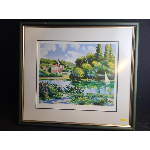 Countryside by Water, Numbered Print, 74/350, Signed: Claude Chambour, Framed Under Glass, 26.5 X 24