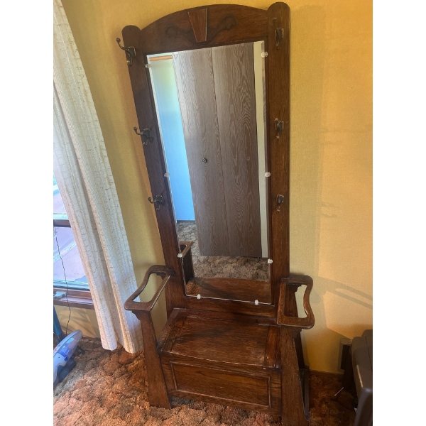 Oak Coat rack & Bench with Storage . hand Crafted With Full Length Mirror 