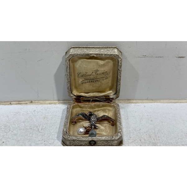 Silver Bird Broach with Real Pearl and Unverified Gemstones - 10.72g