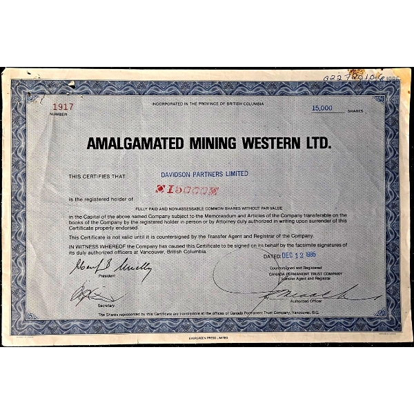 Vintage Stock Certificate (1985, Amalgamated Mining Western Ltd.) #3