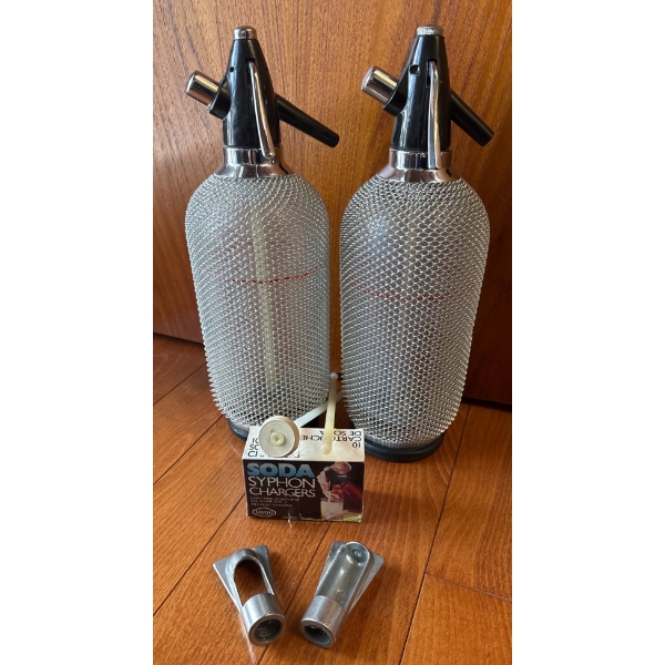 Metal Mesh Soda Siphons with Accessories and Sodastream Chargers Box