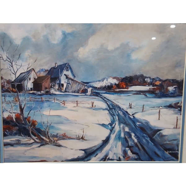 Snow-Covered Countryside Farm Scene with Artist Signature