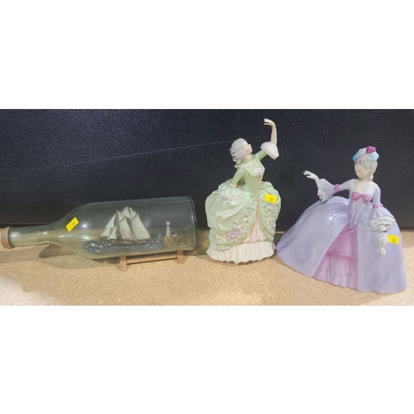 Ship in a Bottle and Franklin Porcelain Figurines: Sophia 10 T, Marianne 9 T