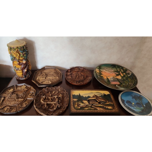 Carved Wooden Plates Largest 9" Diameter, Candle 11 T,  Painted Pan/Plate 12.5 and 8" Diameters 
