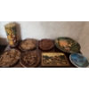 Image 1 : Carved Wooden Plates Largest 9" Diameter, Candle 11 T,  Painted Pan/Plate 12.5 and 8" Diameters 