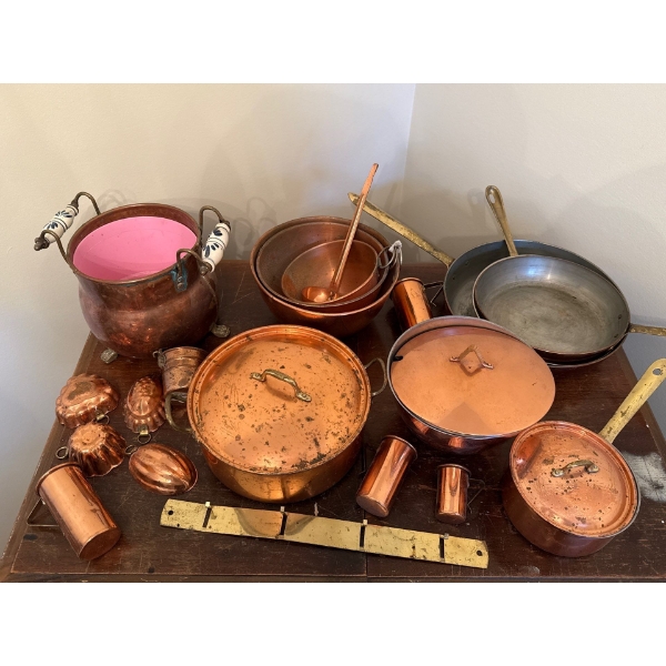 Antique Copperware Collection - Pots, Pans, Bowl, Measuring Cups, More 