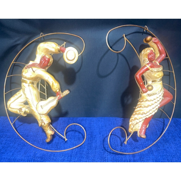 Pair Of Harlequin Favorware Dancers 1950's Chalkware Wall Hangings 15"