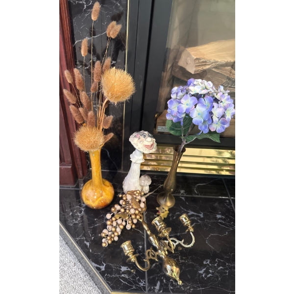 Mid Century Vase Collection w/ Brass Wall Candleabra & Shroom Figurine 11T
