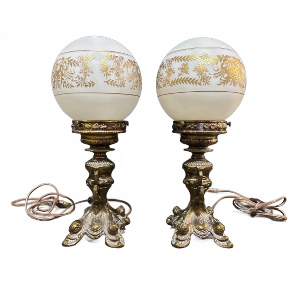 Brass Table Lamps With Frosted Glass and Gilded Floral Globes