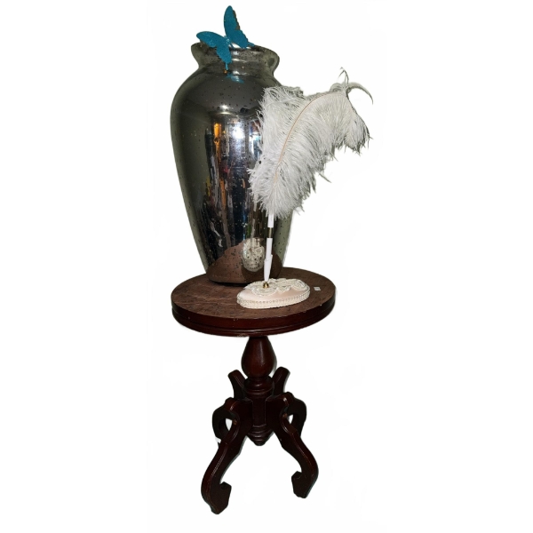 Round Wood Pedestal Table with Glass Vase, Feather Pen, and Base
