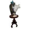 Image 1 : Round Wood Pedestal Table with Glass Vase, Feather Pen, and Base