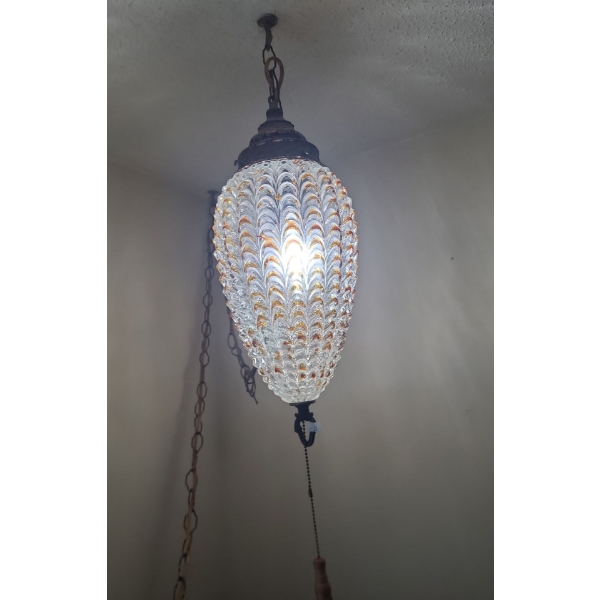 Vintage Hanging Chain Light w/ Glass Shade (Attaches to Ceiling Hook, Plug to Wall Connection)