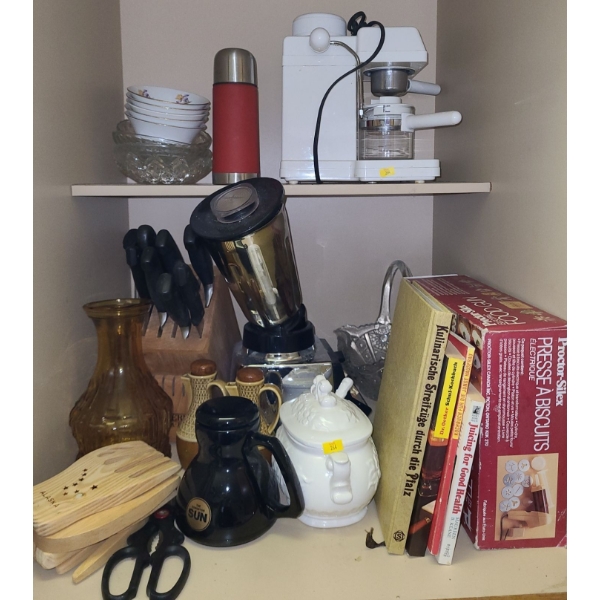 Contents of Cupboard: Espresso Machine, Knife Set, Blender, Plastic Serving Basket and More!