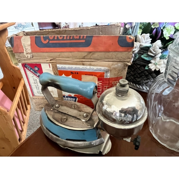 vintage Coleman gasoline iron, likely Model 4A from the 1930s or 1940s, featuring a blue enamel body