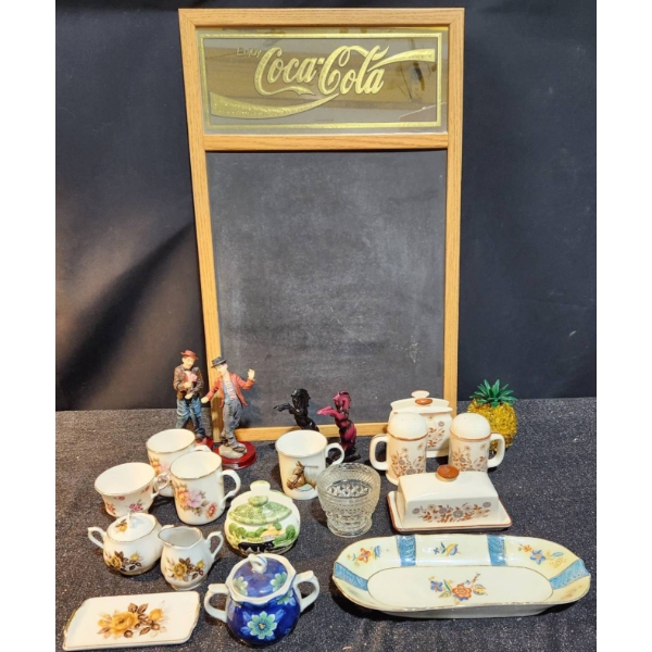 Coca-Cola Mirror Chalkboard, Louis Dionne Figurines, and Assorted Tableware