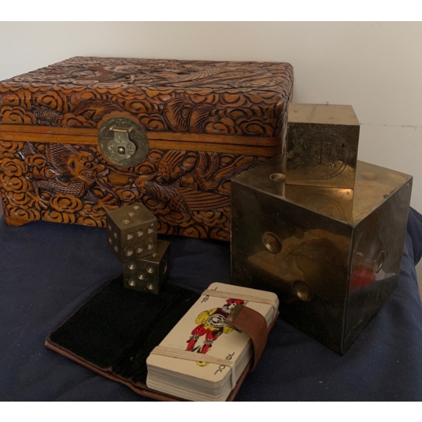 Vintage Intricate Carved Jewelry Box w/ Brass Dice, Cards & More 
