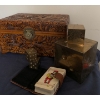 Image 1 : Vintage Intricate Carved Jewelry Box w/ Brass Dice, Cards & More 