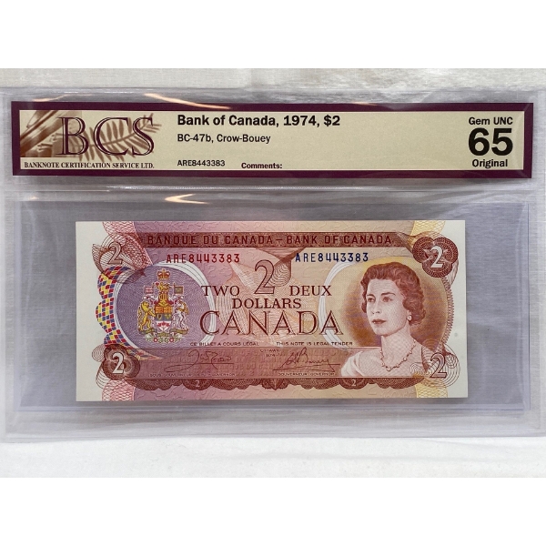 Graded Canadian 1974 $2 Gem UNC Prefix: ARE
