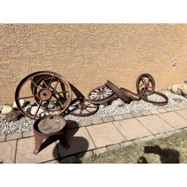 Collection of Antique Tractor Wheels all Cast Iron also includes pulleys and cast-iron base