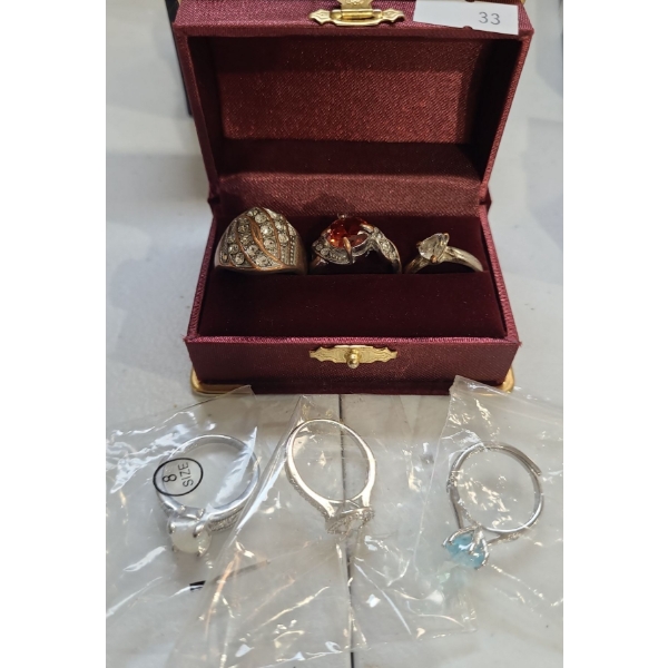 Collection of Costume Jewelry Rings, 4 Not Stamped, Two w/ Opal Look Stones Stamped: 18 K GP and 925