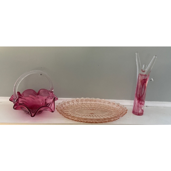 Cranberry Blown Glass Basket (7.5W, 7T) w/ Lovely Pink Tray & Decorative Glass Figure