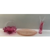 Cranberry Blown Glass Basket (7.5W, 7T) w/ Lovely Pink Tray & Decorative Glass Figure