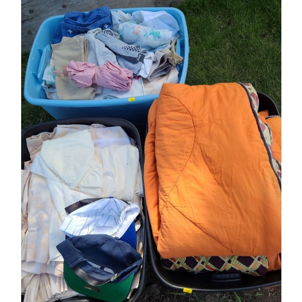 Several Bins Containing: Curtains, Linens, Sleeping Bags and More!