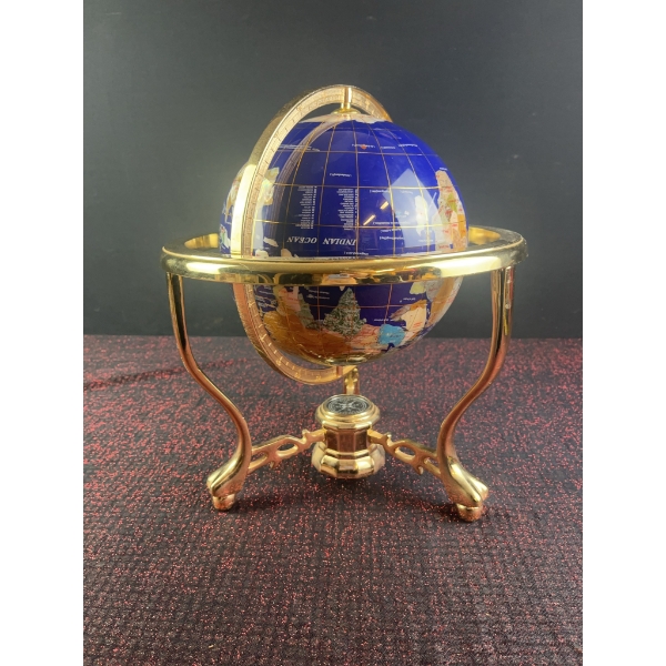 Blue Lapis Gemstone Table Globe with Brass Stand and Compass